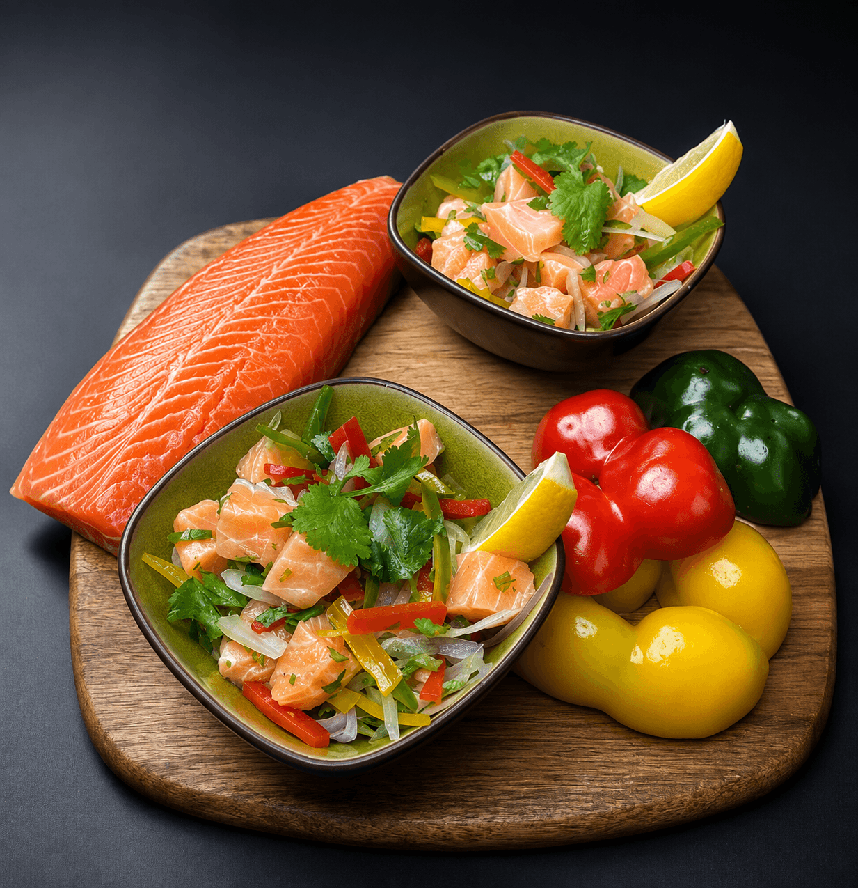 Dos bowls de ceviche de salmón con pimentones sobre una tabla de madera