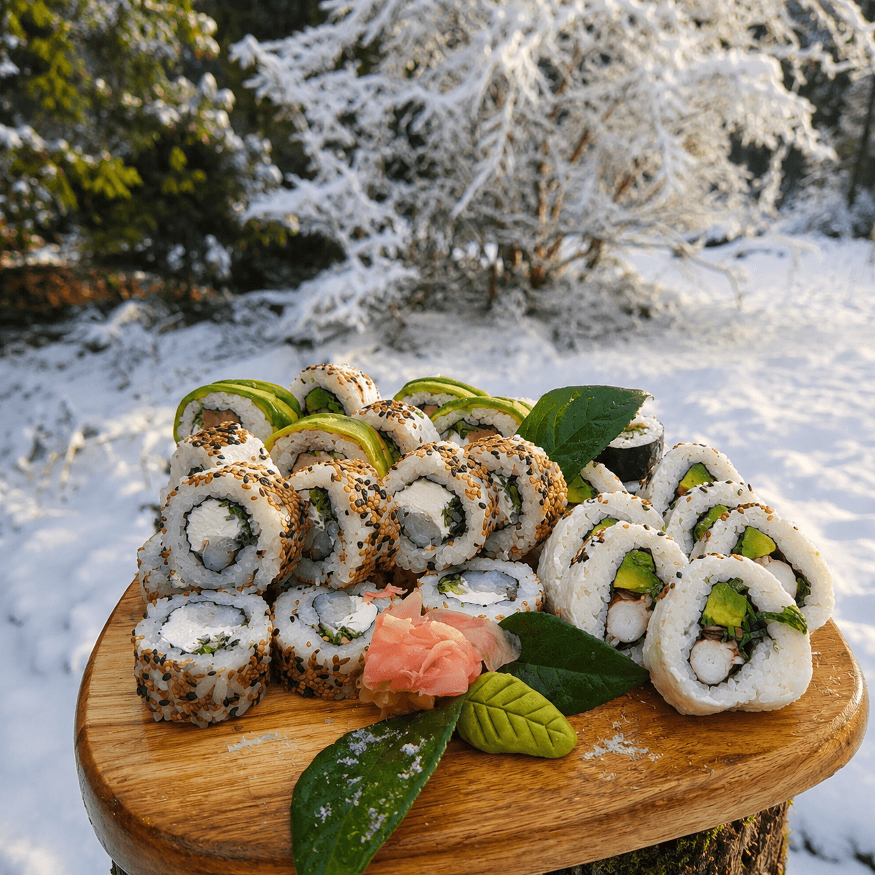 Tabla de sushi variado sobre un tronco, con el bosque nevado de fondo