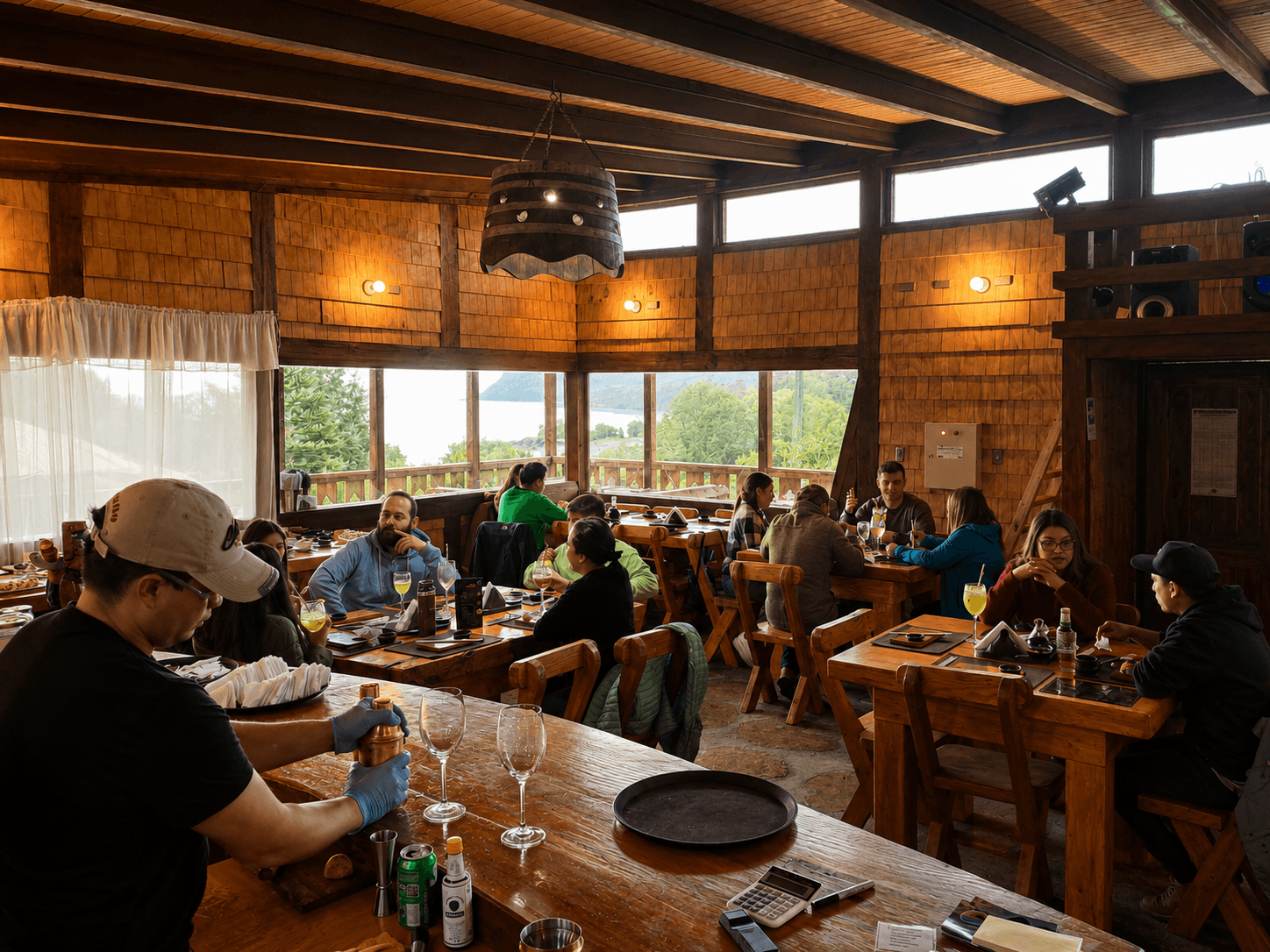 Salón del restaurante Santa Bárbara lleno de comensales, con ventanales hacia el lago