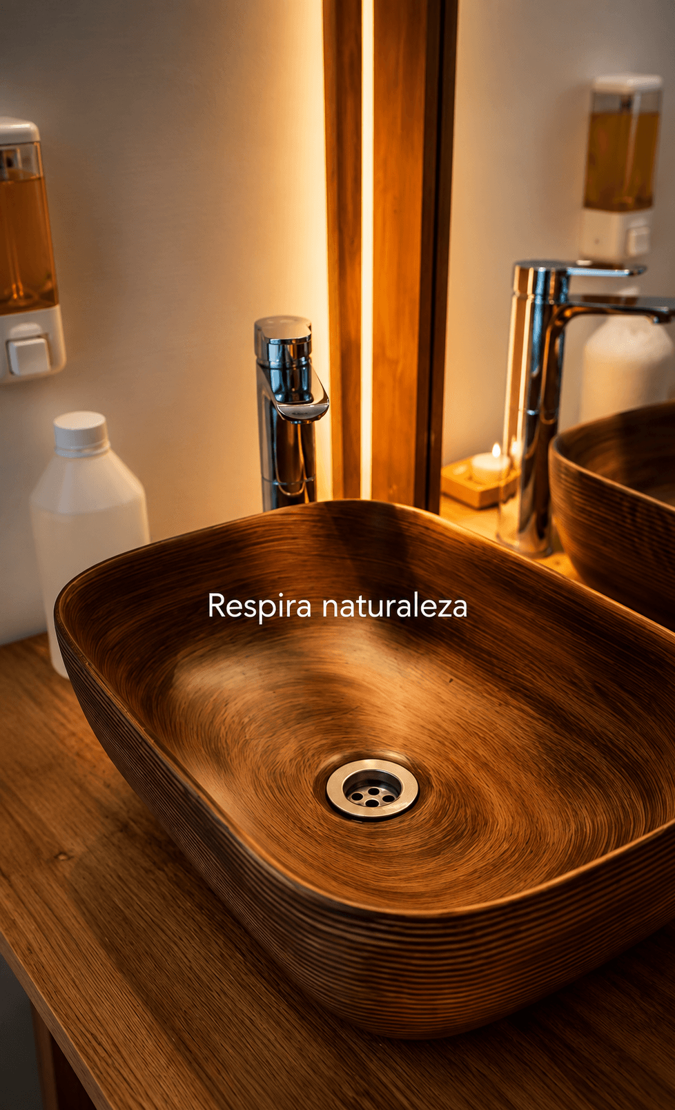 Detalle del sector de spa del complejo, con velas y madera