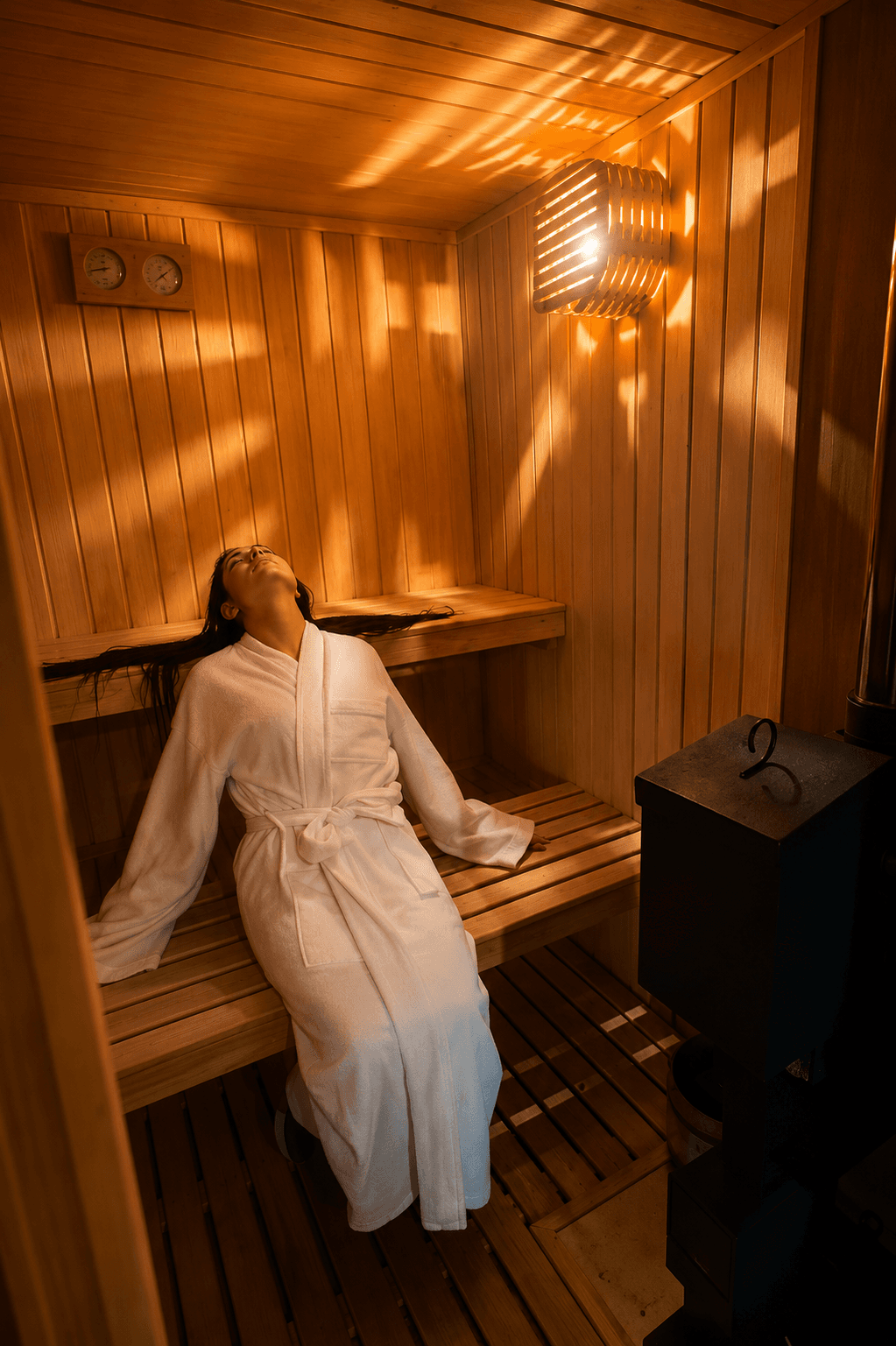 Mujer en bata descansando en el sauna de madera del complejo